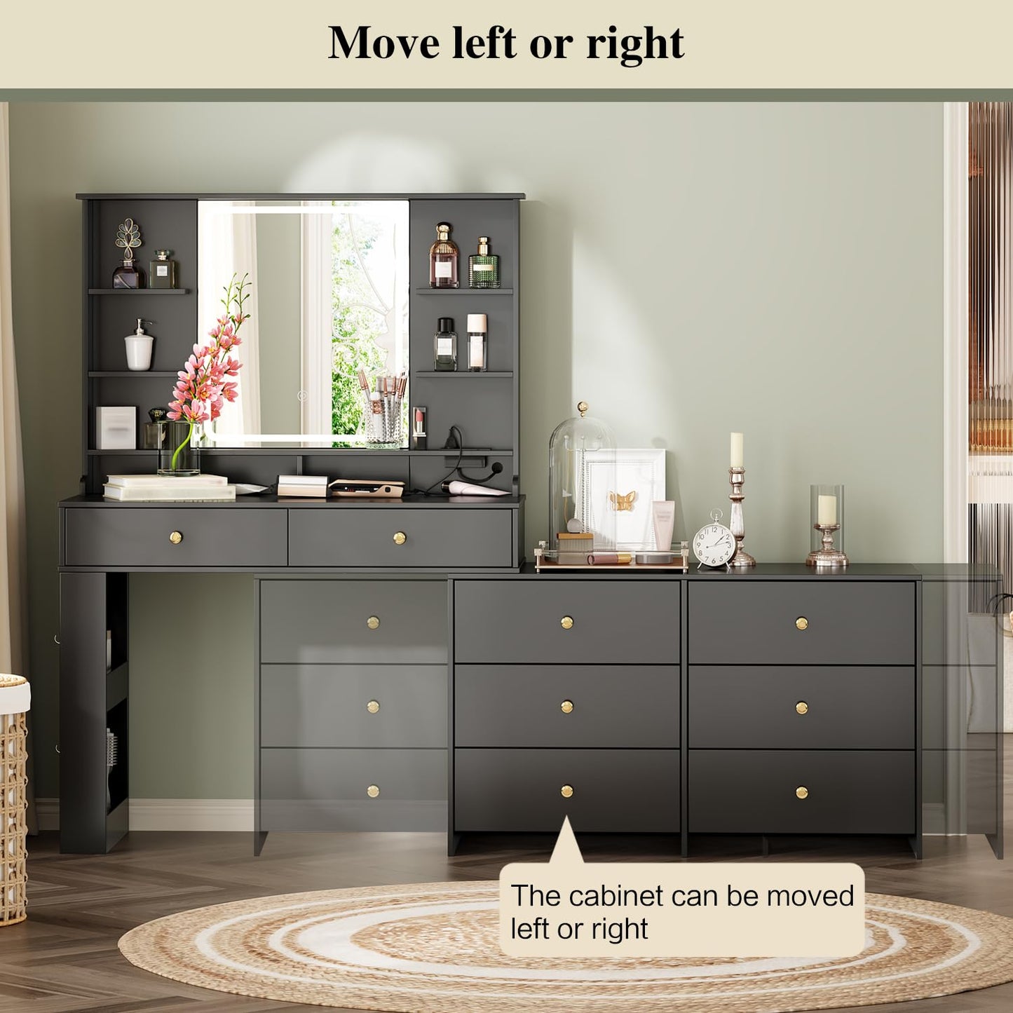 Ieejdn Makeup Vanity Desk with Mirror and Lights, Vanity Desk with 8 Drawers & Storage Shelves, Vanity Table with Power Outlet, 3 Color Modes & Adjustable Brightness Dressing Table, Bedroom,Black