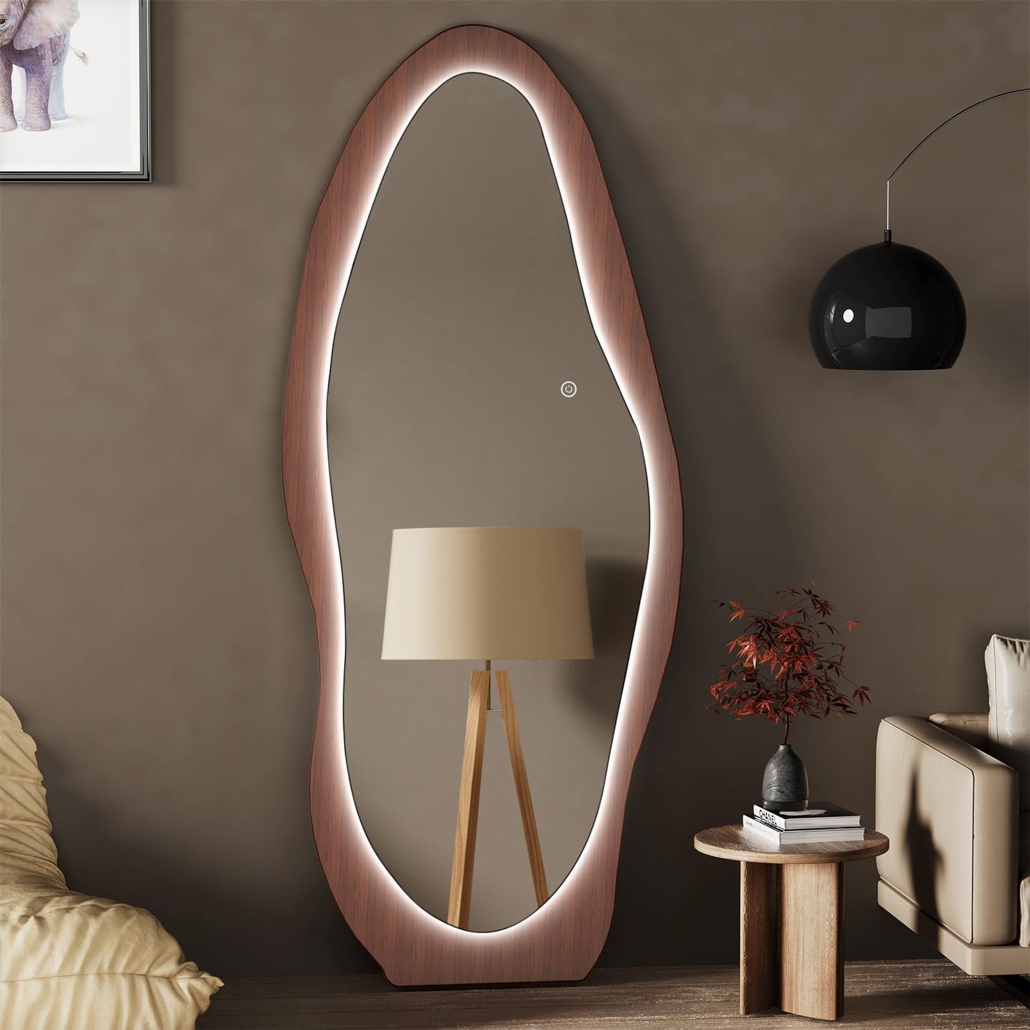osemy 67"x 26" LED Wood Full Length Mirror with Lights Irregular Wavy Full Body Mirror Shatter-Proof Hanging/Leaning Wall Mounted Walnut Wooden Framed for Dressing Bedroom Living Room