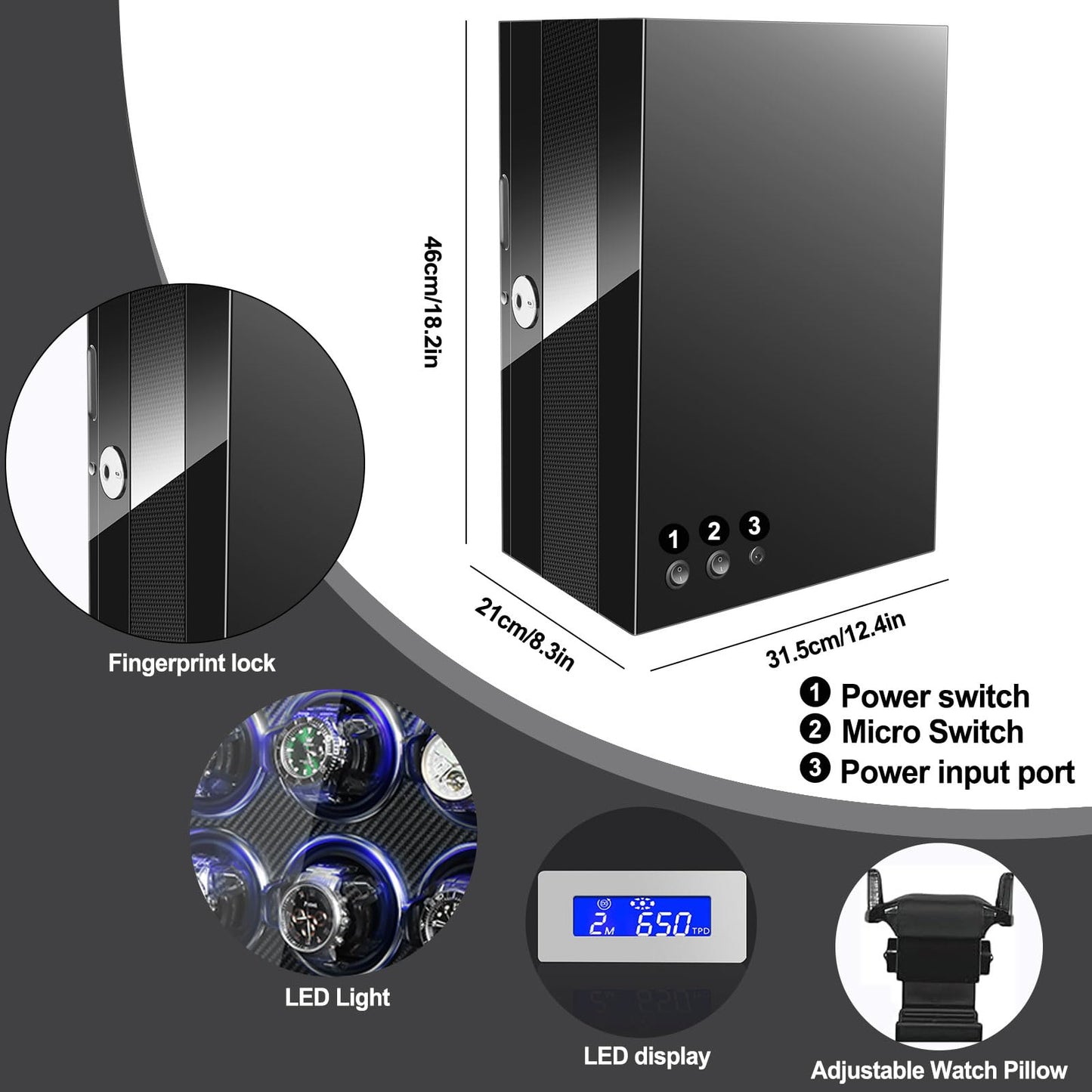 LELTNSOU Watch Winder for 12 Winding Spaces Automatic Watches with Fingerprint Unlock, Ultra-Quiet Japanese Motors, Built-in LED Illumination and LCD Touchscreen Control