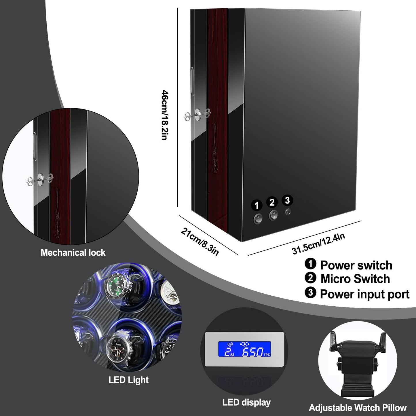LELTNSOU Watch Winder for 12 Winding Spaces Automatic Watches, Ultra-Quiet Japanese Motors, Built-in LED Illumination and LCD Touchscreen Control