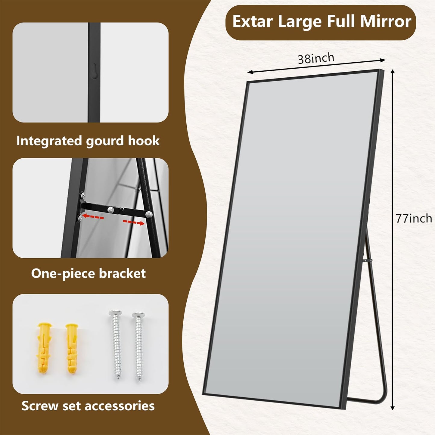 Koonmi 77"x38" Floor Mirror Full Length, Bedroom Floor Body Mirror with Stand, Large Black Mirror, Leaning, Standing or Hanging Horizontally/Vertically