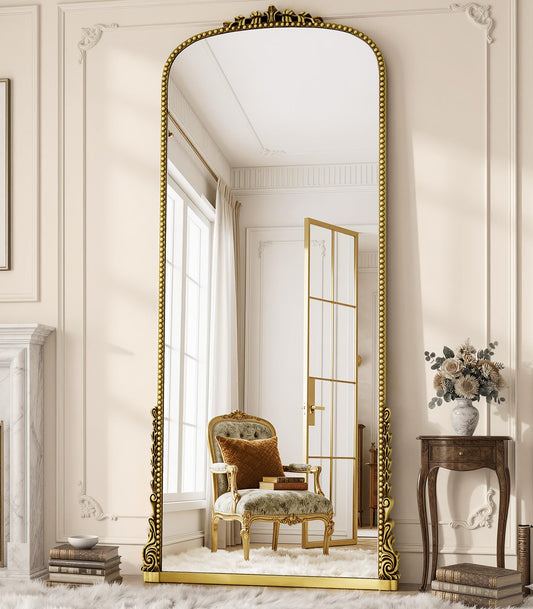 FlyEcho Antique Full Length Mirror 71" x 32", Antique Gold Arched Large Vintage Mirror in Baroque Style with Tempered Glass, Freestanding for Bedroom, Living Room, Cloakroom