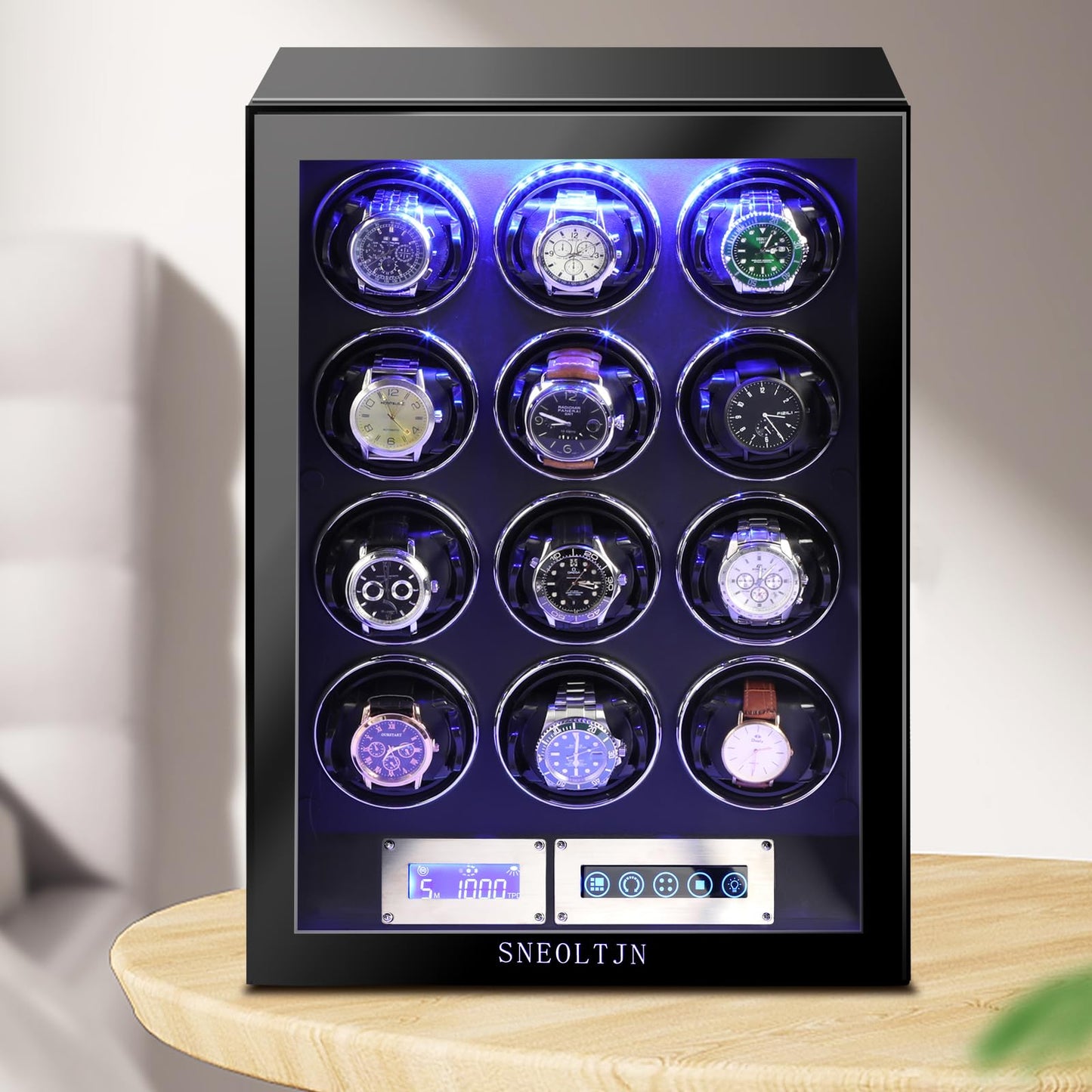 SNEOLTJN Watch Winder for 12 Slots Automatic Watches, Ultra-Quiet Japanese Motors, Built-in LED Illumination and LCD Touchscreen Control