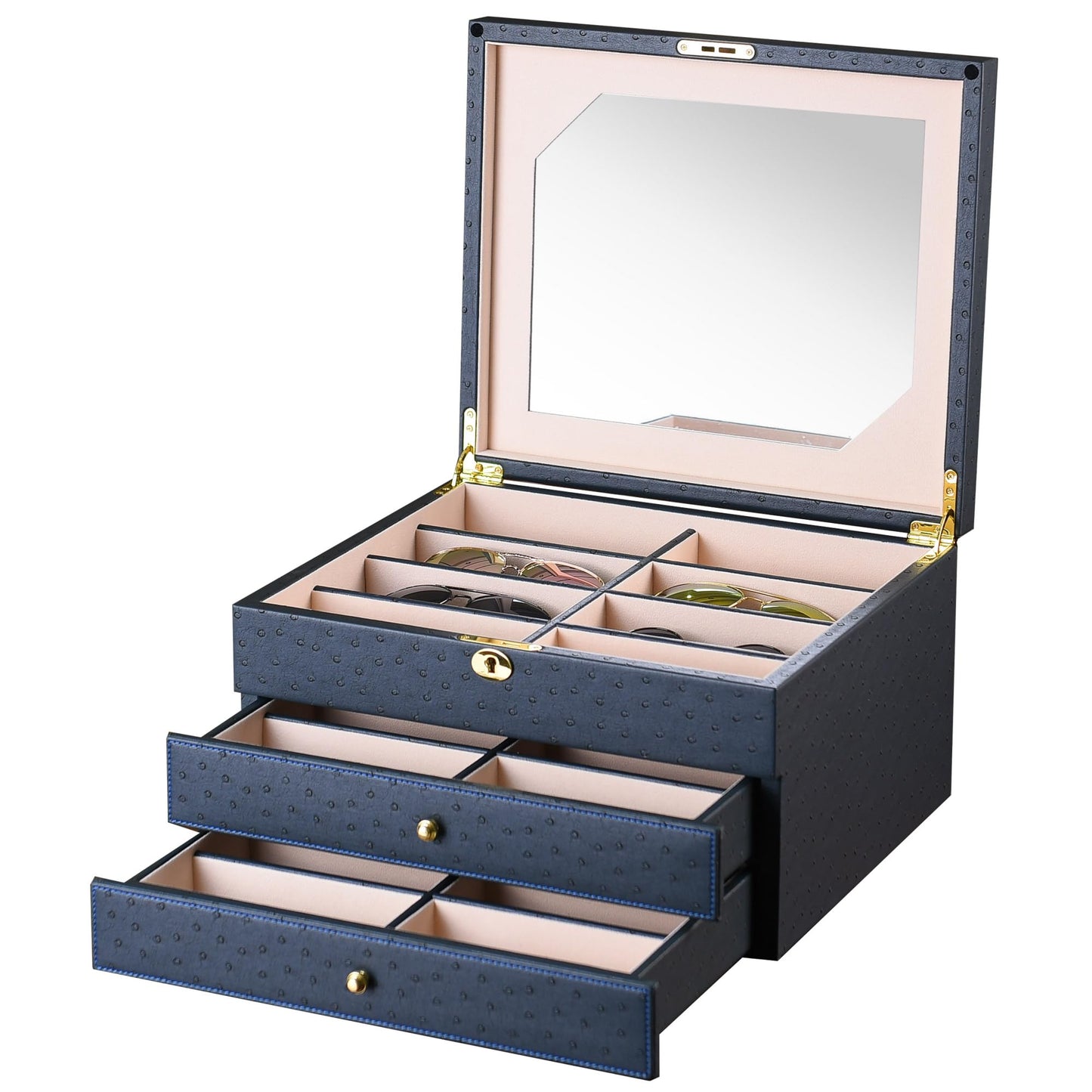 SYENS Luxury Sunglasses Organizer, 24 Slot Glasses Storage Box for Women Men, PU Leather Box for Eyeglass Display Case (Blue Ostrich skin PU)