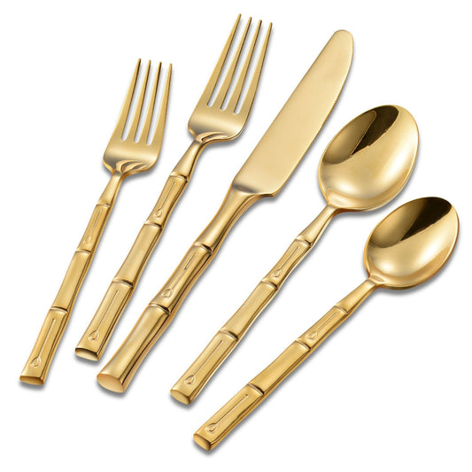 Flatasy Silverware Set Gold Flatware Set Stainless Steel Bamboo Handle Cutlery Set Mirror Polished 60 Pieces for Home Kitchen Restaurant Hotel Wedding Housewarming Gift Service for 12