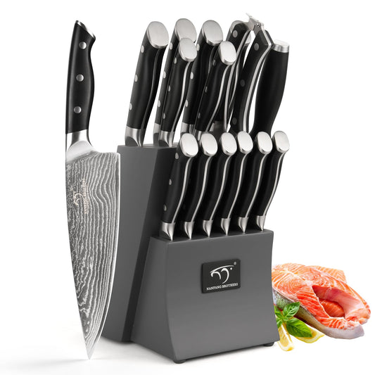 Damascus Kitchen Knife Set, 15-Piece Kitchen Knife Set with Block, ABS Ergonomic Handle for Chef Knife Set and Serrated Steak Knives Knife Sharpener and Kitchen Shears, 14 Slots Wooden Knife Block