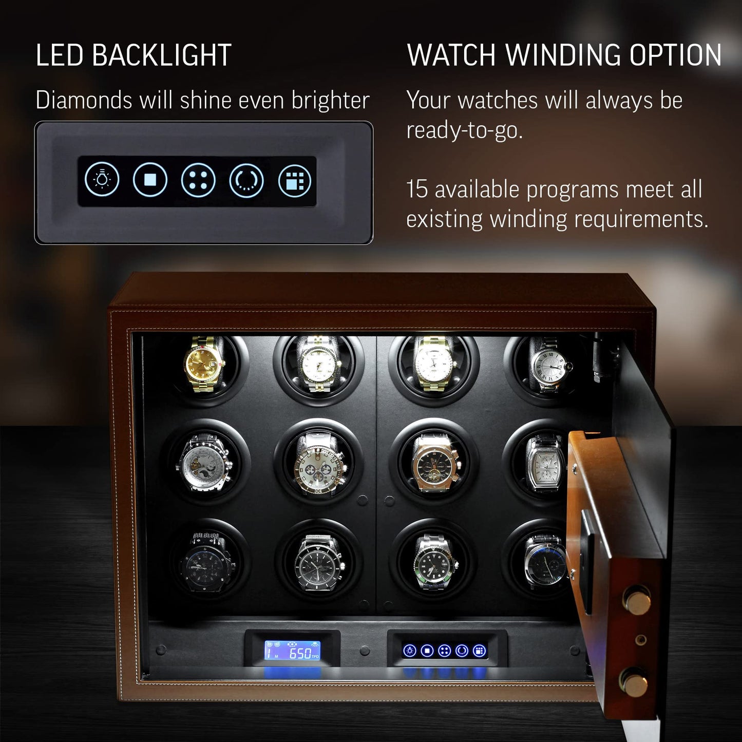 Watch Winder Security Safe for Automatic Watches with Digital Lock, Faux Leather Finish and Interior Backlight (12 watches, Brown)