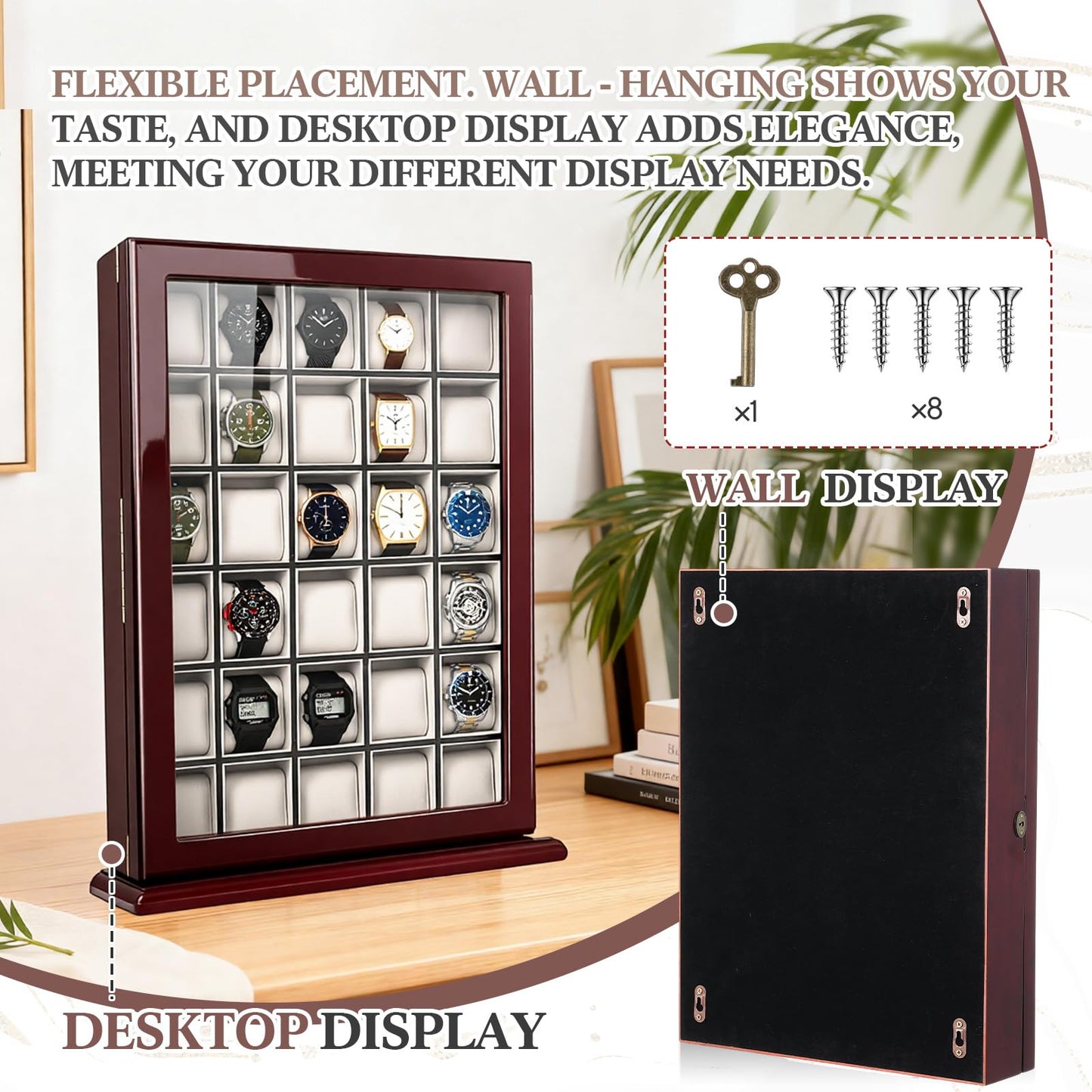 30 Piece Watch Display Case Watch Cabinets Cases Wall Mounted Shadow Box UV Protection Display Boxes with Acrylic Transparent Door Holder for Oversized Watches Collector Memorabilia Gift