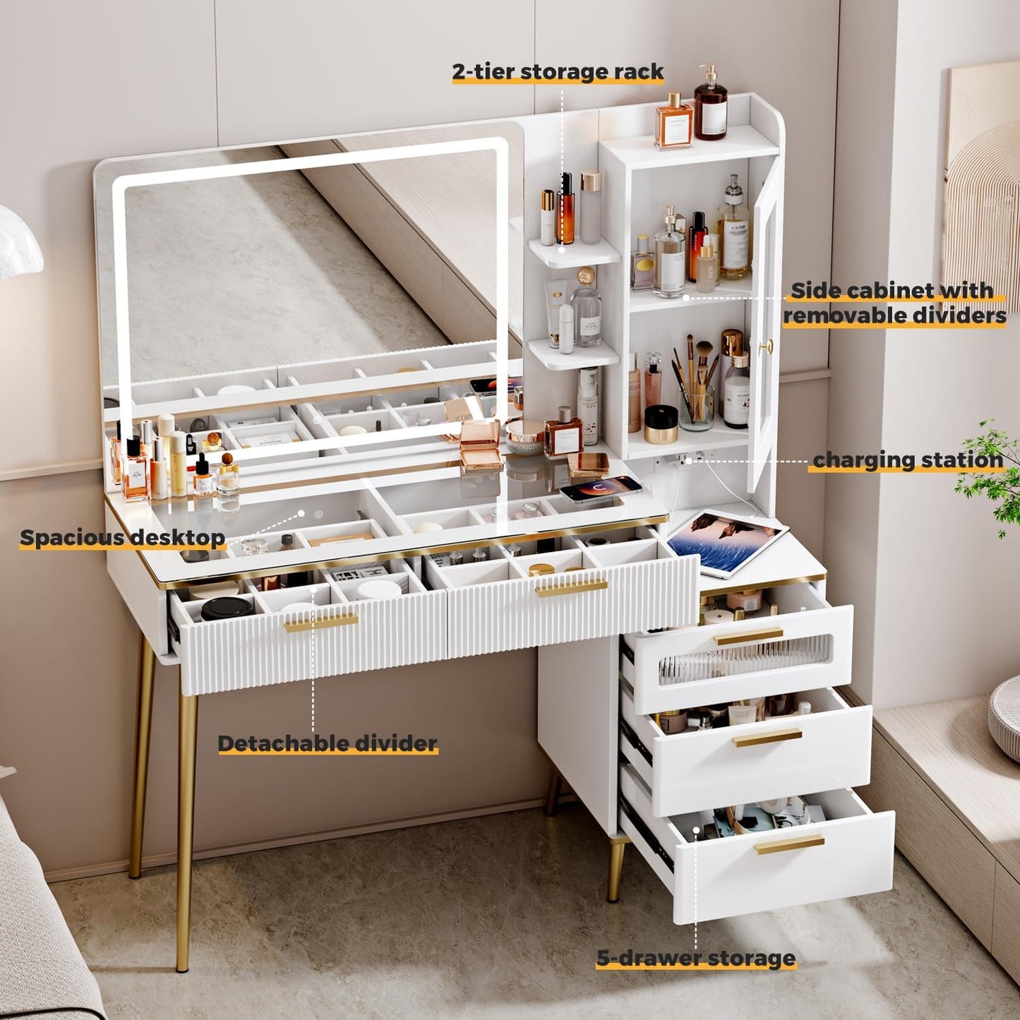 Arulvmrn Vanity Desk with 29.53" HD Lighted Mirror, 47.24" Big Modern Vanity Desk with Mirror and Lights, Makeup Vanity with 5 Drawers and Storage Shelves and Charging Station, White
