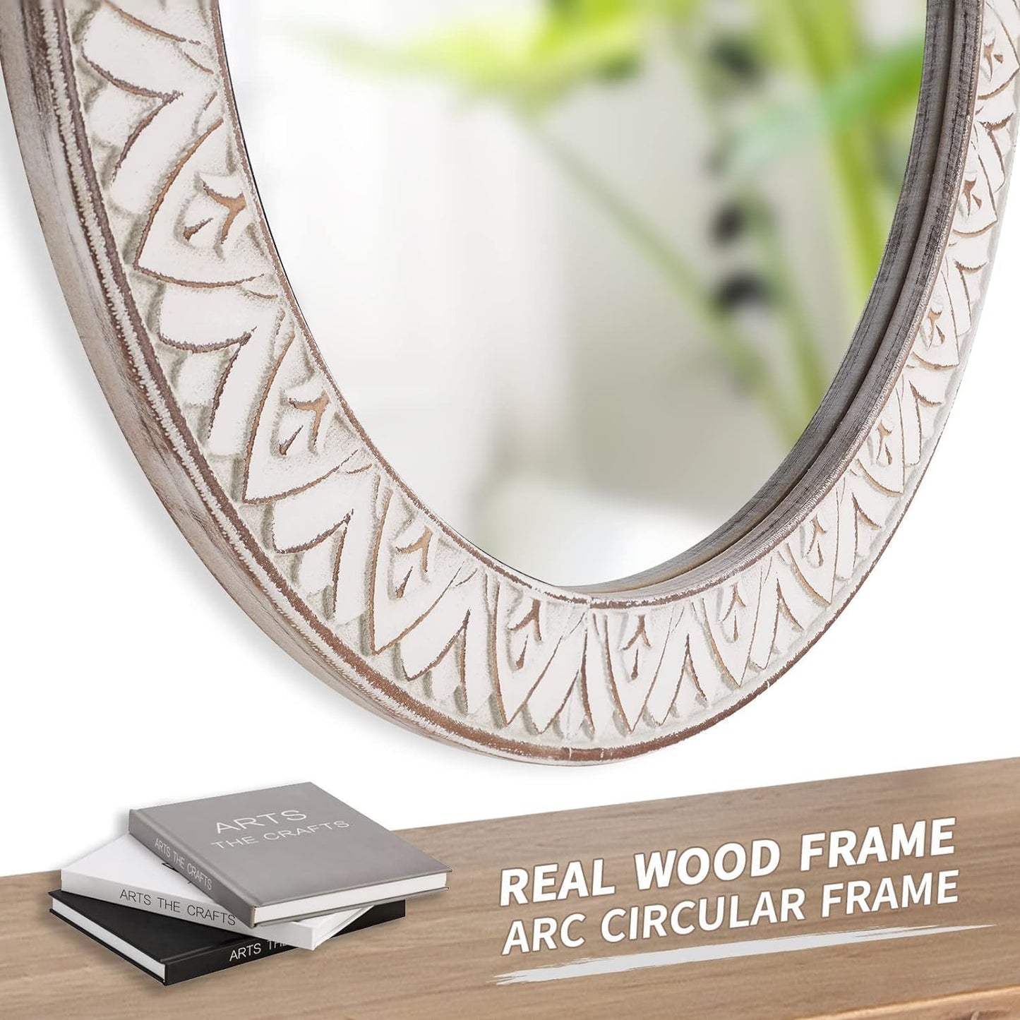 Fuxuiwy Rustic Round Wood 36 Inch Farmhouse Mirror, Wall Mount, Framed, White, Flower White, Modern & Rustic Style, Decorative Wall Mirror for Living Room, Bedroom, Entryway, Bathroom
