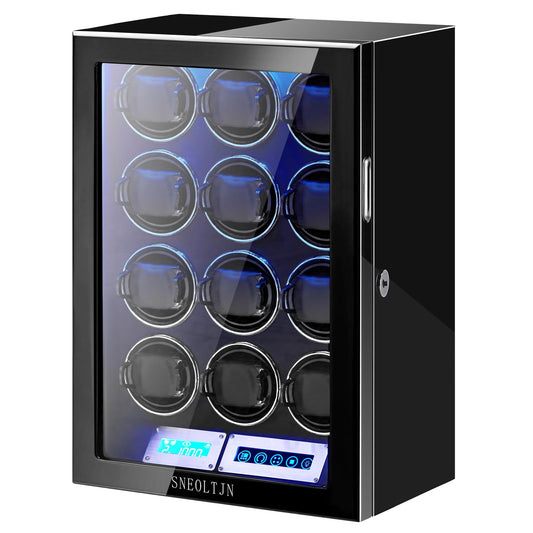 SNEOLTJN Watch Winder for 12 Slots Automatic Watches, Ultra-Quiet Japanese Motors, Built-in LED Illumination and LCD Touchscreen Control