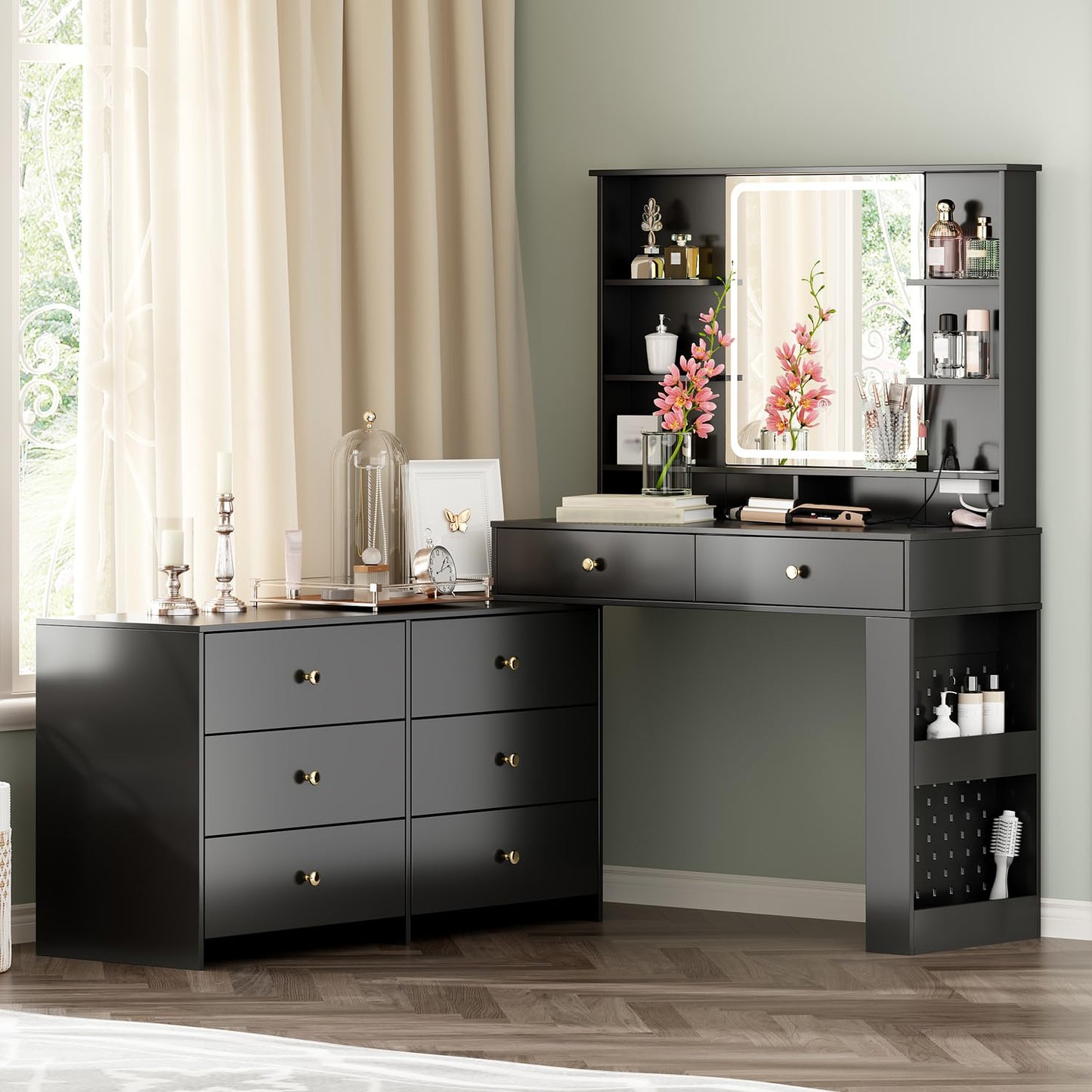 Ieejdn Makeup Vanity Desk with Mirror and Lights, Vanity Desk with 8 Drawers & Storage Shelves, Vanity Table with Power Outlet, 3 Color Modes & Adjustable Brightness Dressing Table, Bedroom,Black