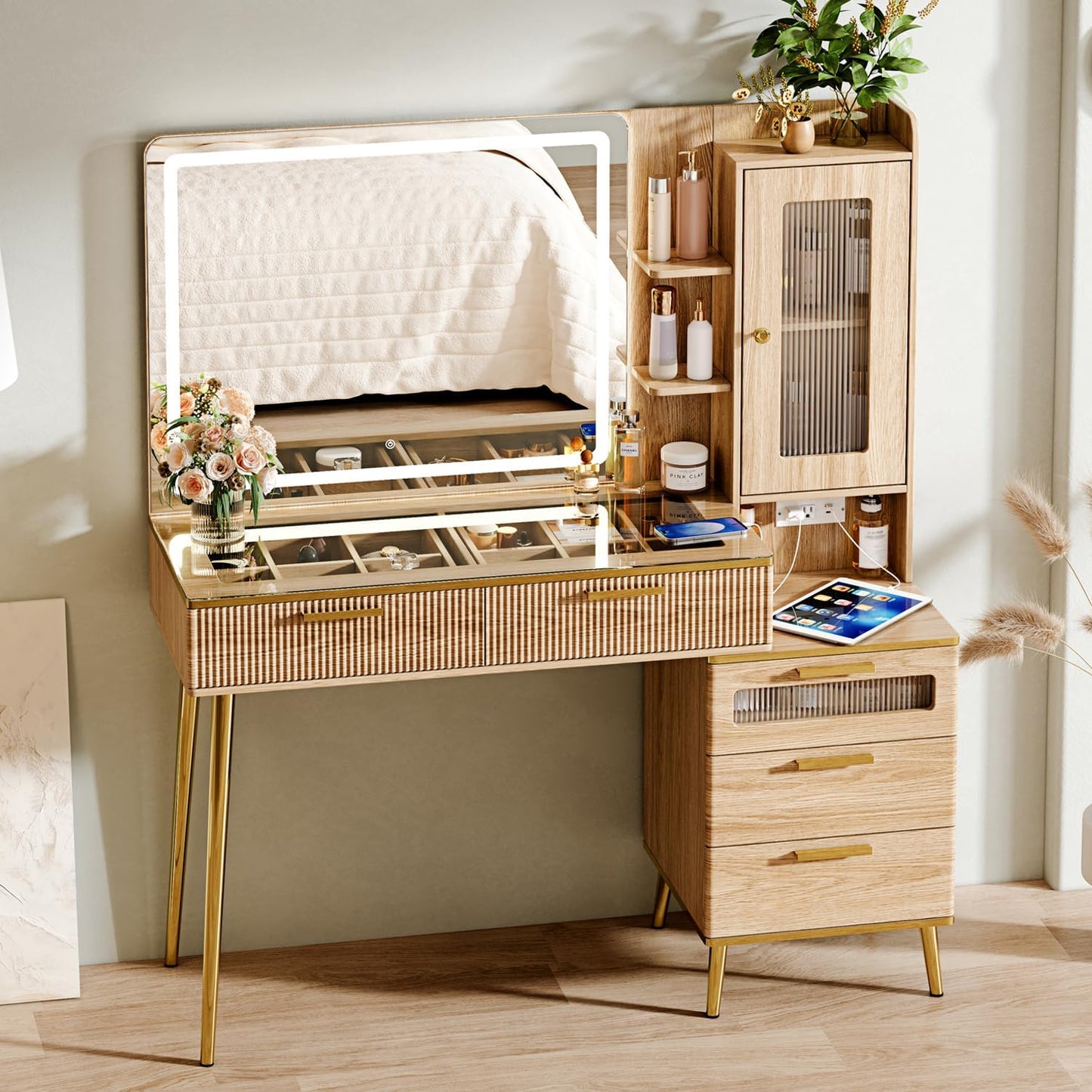 Arulvmrn Vanity Desk with 29.53" HD Lighted Mirror, 47.24" Big Modern Vanity Desk with Mirror and Lights, Makeup Vanity with 5 Drawers and Storage Shelves and Charging Station, Oak