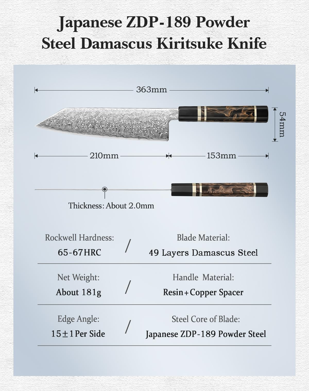 HEZHEN Kiritsuke Knife, 8.5 Inches, 49 Layers Damascus ZDP-189 Steel Japanese Chef Knife, Ultra Sharp Blade, Lightweight Handle, Acacia Wood Box Packing