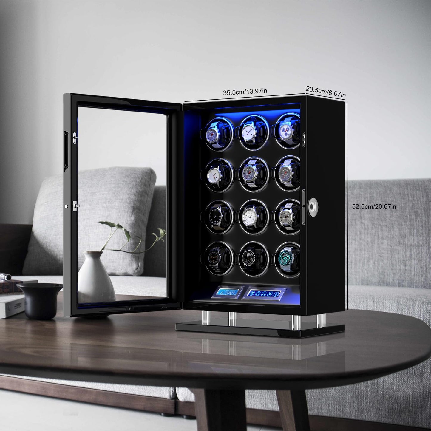 DUKWIN Watch Winder for 12 Automatic Watches, Fingerprint Lock Watch Winders with LCD Touchscreen, Blue LED Light, Remote Control,Adjustable Pillow and Quiet Motor for Universal Watches, 5TPD
