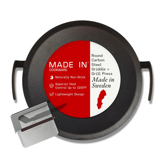 Made In Cookware | Seasoned 17" Round Carbon Steel Griddle + Grill Press | Professional Cookware | Crafted in Sweden | Induction Compatible