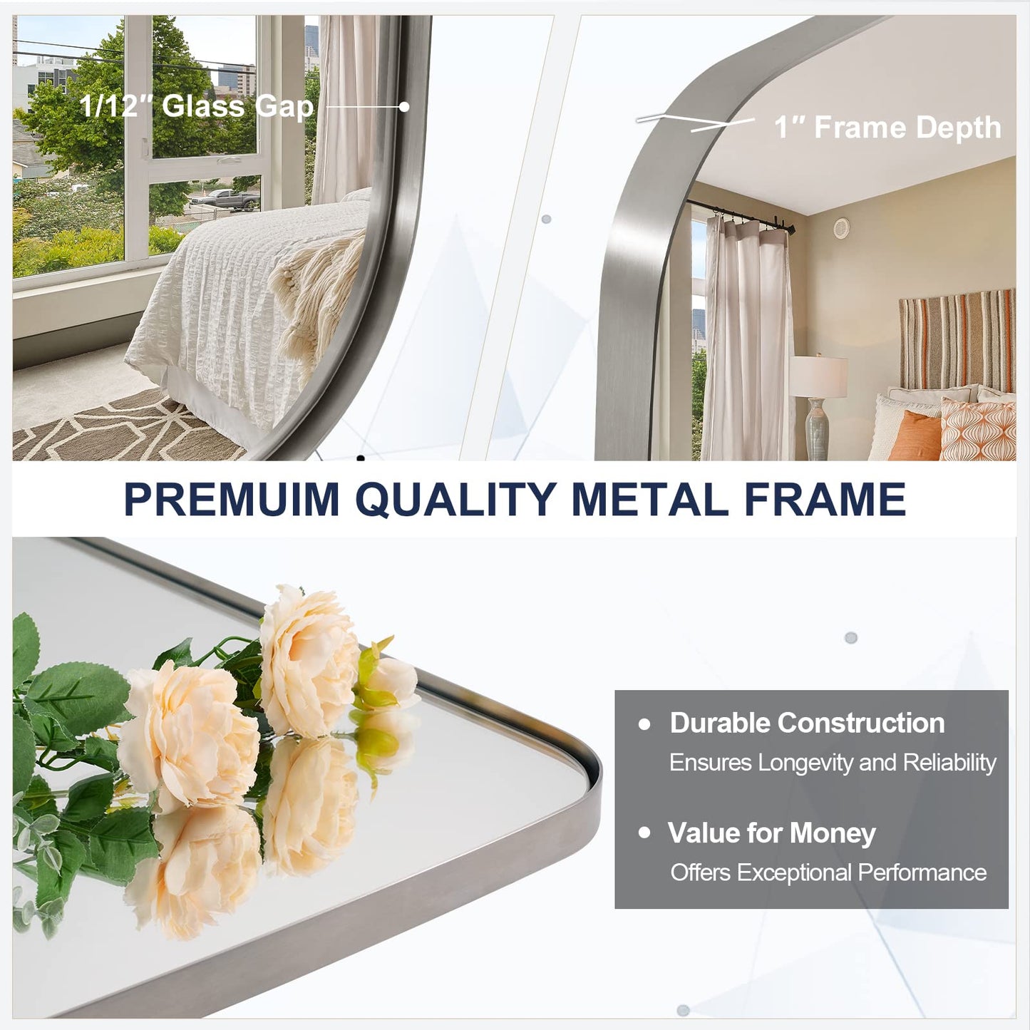 ANDY STAR 18x48 Full Length Wall Mirror, Brushed Nickel Oblong Shaped Body Mirror with Stainless Steel Metal Frame, Rounded Corner Design for Floor and Leaning