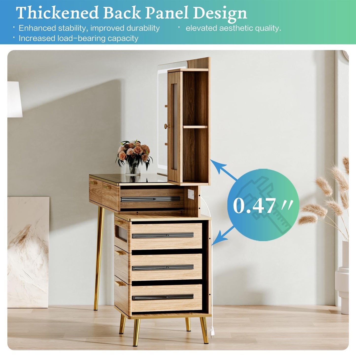 Arulvmrn Vanity Desk with 29.53" HD Lighted Mirror, 47.24" Big Modern Vanity Desk with Mirror and Lights, Makeup Vanity with 5 Drawers and Storage Shelves and Charging Station, Oak