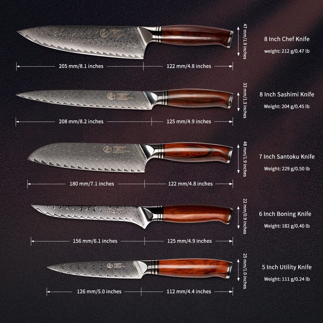 YARENH Kitchen Knife Set with Block, 8 Piece, Sharp Professional Chef Knife, 73 Layers Damascus High Carbon Stainless Steel, Full Tang Sandalwood Handle, Gift Box