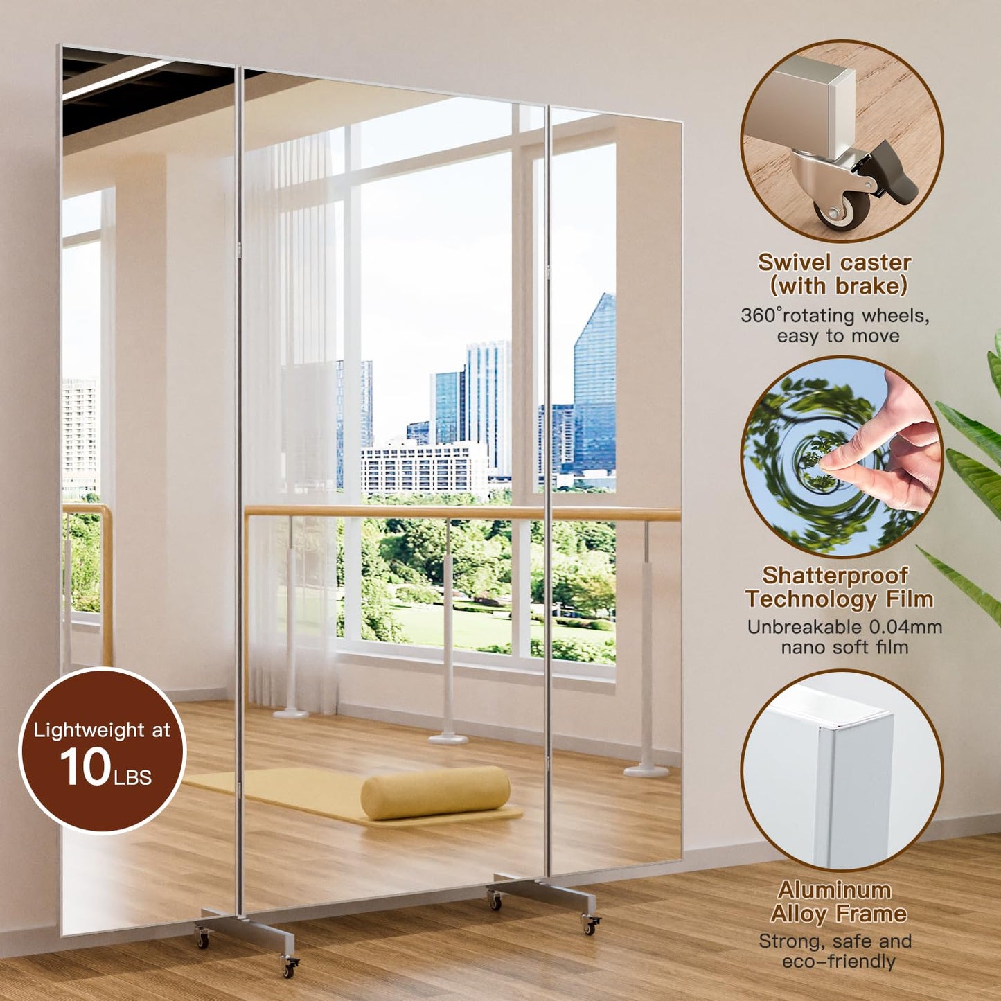 HDmuxel Full Length Mirror with 360° Wheels, 63" x 71" Foldable Floor Mirror with Nano-Tech Shatterproof Film - Ultra-Large Mobile Mirror for Home Gym, Dance Studio & Commercial Spaces (Sliver)