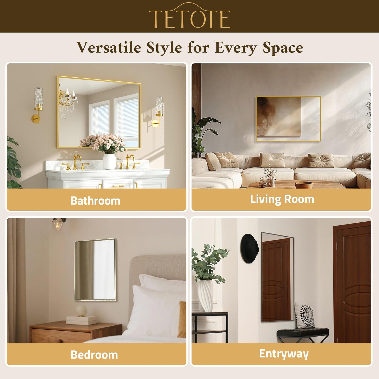 TETOTE Brushed Gold Bathroom Mirror for Over Sink 48" x 36" Large Brass Gold Beveled Framed Rectangular Vanity Mirror for Bathroom, Bedroom, Entryway, Living Room, Tempered Glass, Stronger Frame