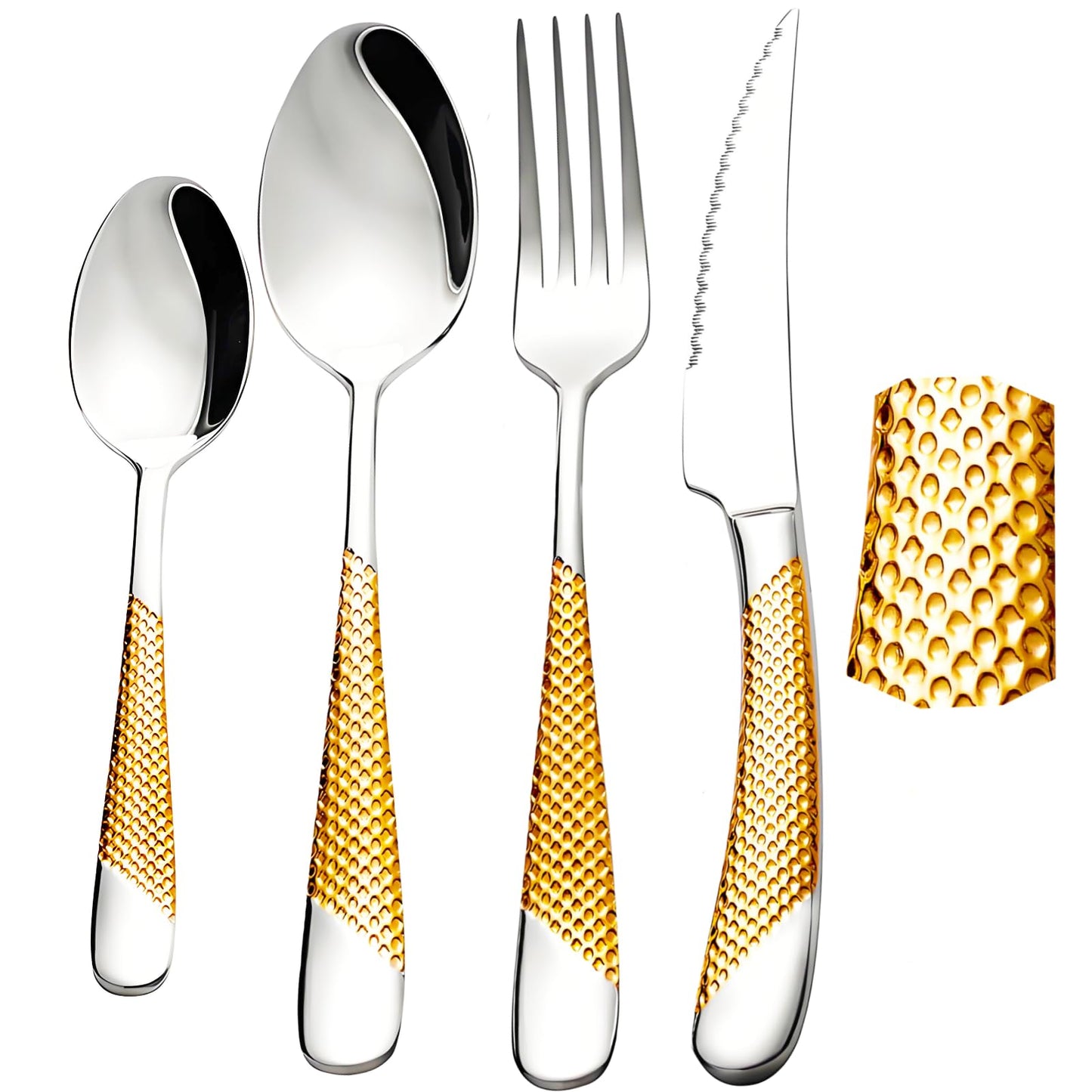 Gold Silverware Set 32 Piece Flatware Cutlery Set Service for 8,18/10 Stainless Steel Heavy Duty Hammered Handle Mirror Polished Dishwasher Safe Luxury Unique Utensil Sets for Home Kitchen Wedding