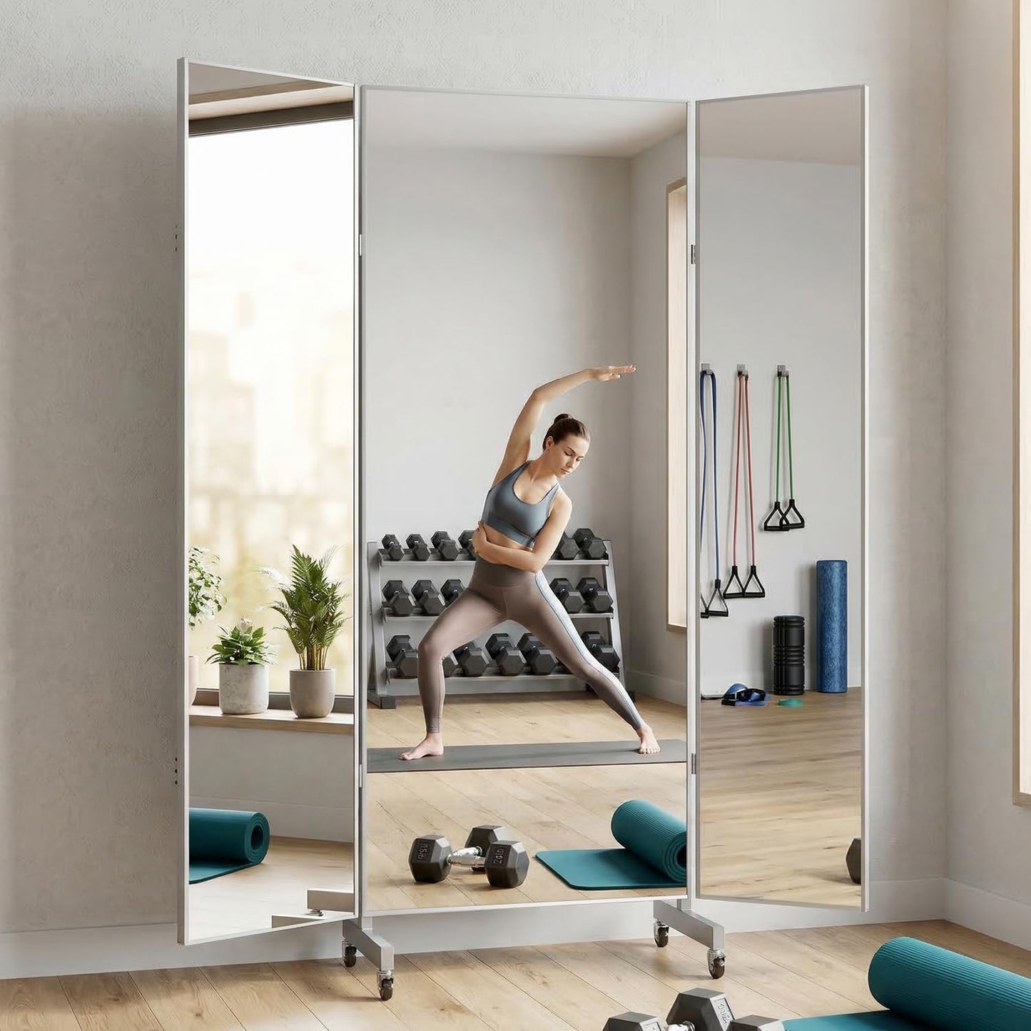 HDmuxel Full Length Mirror with 360° Wheels, 63" x 71" Foldable Floor Mirror with Nano-Tech Shatterproof Film - Ultra-Large Mobile Mirror for Home Gym, Dance Studio & Commercial Spaces (Sliver)