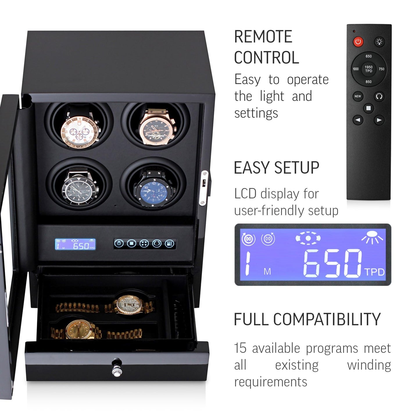 Automatic Watch Winder with LED Light, Storage Drawer and LCD Touchscreen Control (Black + Black)