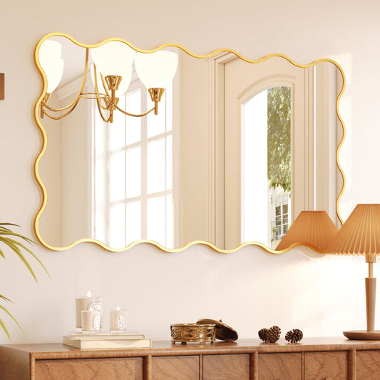 Kelly Miller 30x48 Inch Gold Scalloped Mirror, Large Rectangular Wavy Edge Bathroom Vanity Wall Mirror Decorative for Bedroom Living Room Entryway Fireplace Mantle