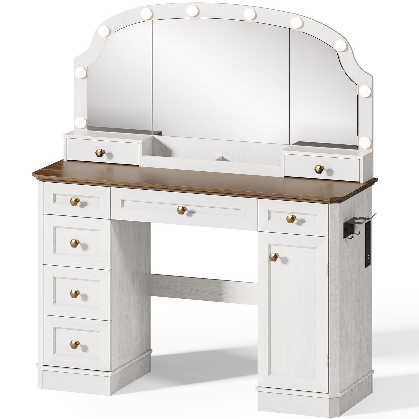 AMBERHAUS Farmhouse Makeup Vanity Desk with Mirror and Lights, 47'' Vanity Table with 8 Storage Drawers 1 Cabinet & 2 Organizer Trays, Large Dressing Table with Charging for Bedroom Rustic White