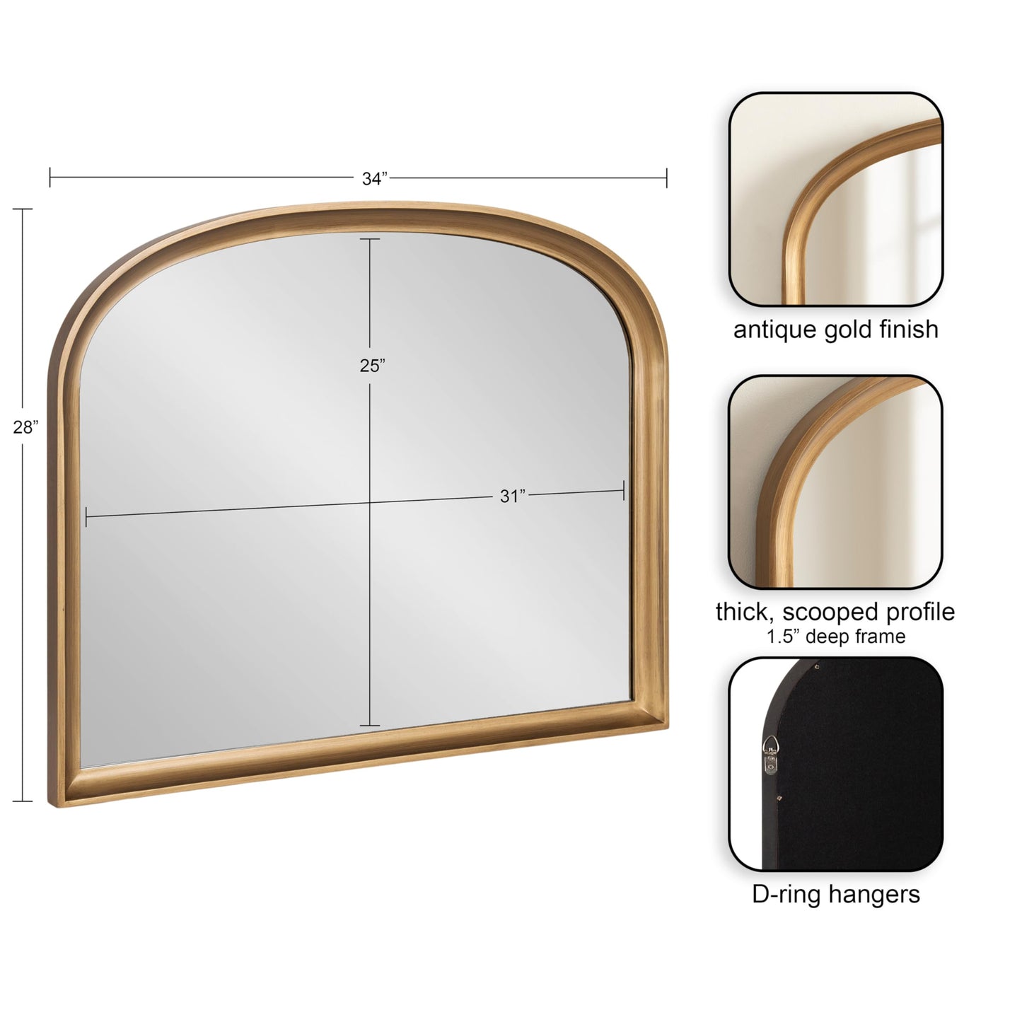 Kate and Laurel Hatherleigh Modern Arched Wooden Wall Mirror, 34 x 28, Gold, Decorative Wood Basket Arch Mirror for Use as Vanity Bathroom Accent or Living Room Mantel Decor