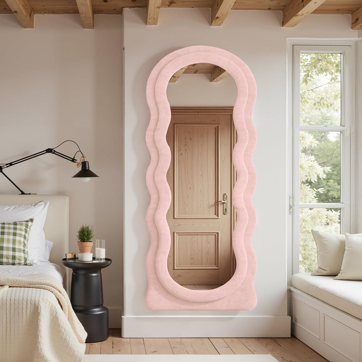 Anpark Full Length Mirror 71"x30" Irregular Wavy Full Body Wall Mounted Floor Mirror with Stand Pink Flannel Frame Leaning Hanging Wall for Bedroom Entrance Hallway