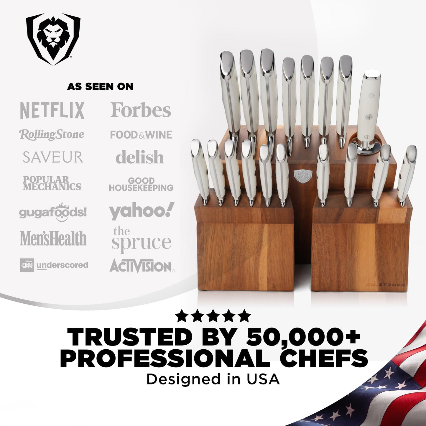Dalstrong 18-Piece Gladiator Colossal Knife Block Set (White Handles) — German High-Carbon Steel, Full-Tang, Hand-Sharpened — For Home Chefs, Wedding Registries & Serious Kitchens — Acacia Block, NSF