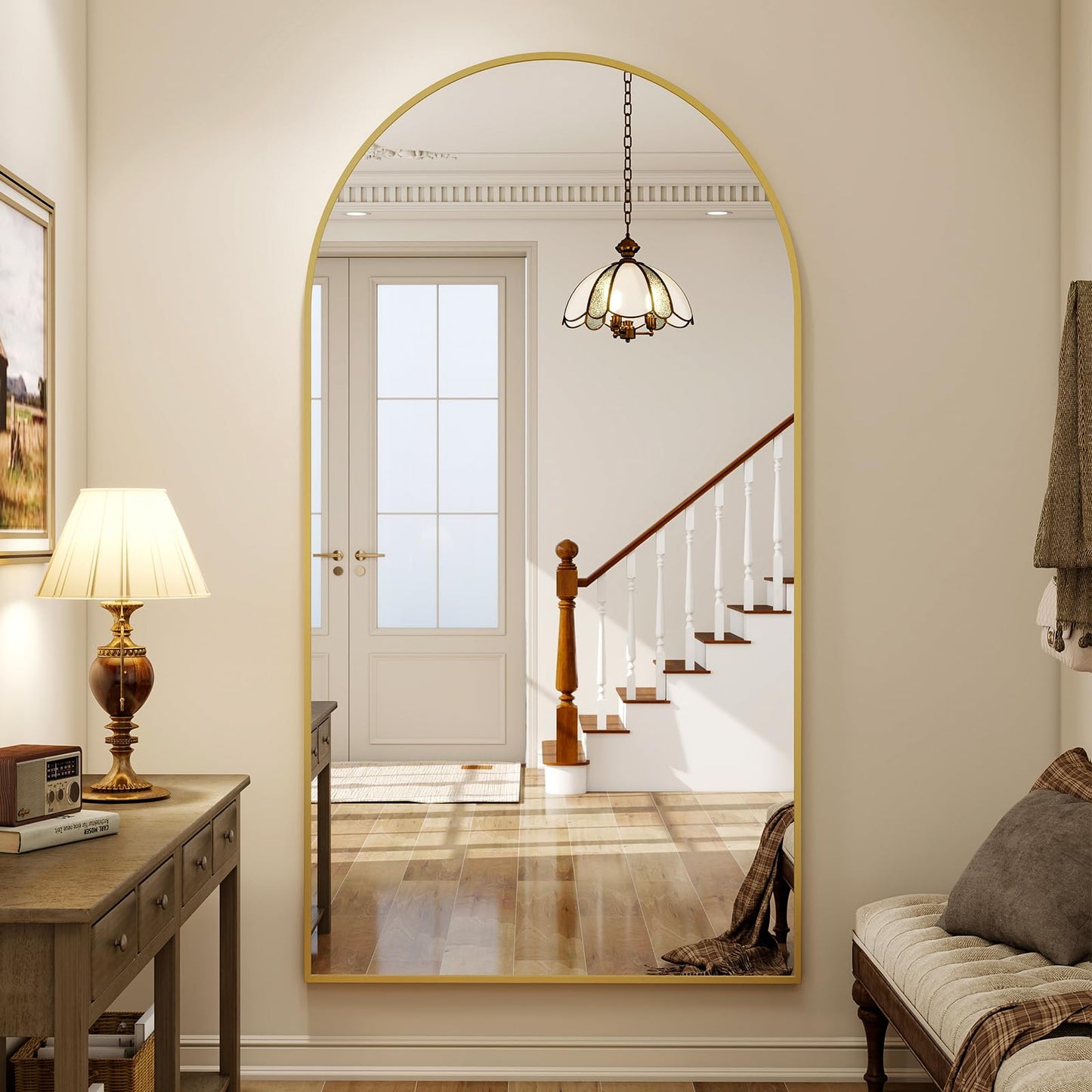 Riskioir 86" x 40" Large Arch Full Length Mirror - Floor Full Body Mirror with Aluminum Frame - Standing, Leaning or Hanging, for Bedroom, Living Room, Gold