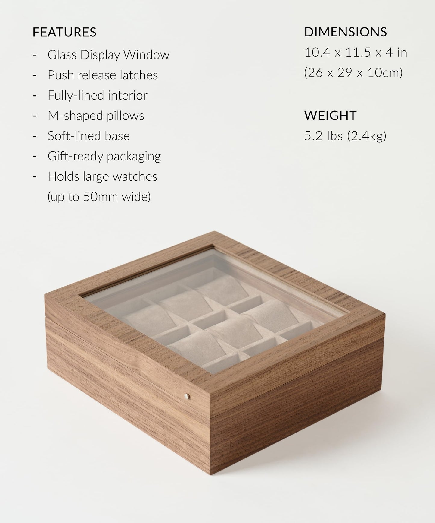 TAWBURY Wooden Watch Case - 12 Slot Wood Watch Box for Men & Women with Glass Display, Protective Fully Lined Interior and 2-inch Wide Pillows for Small & Large Watches (Classic Walnut)