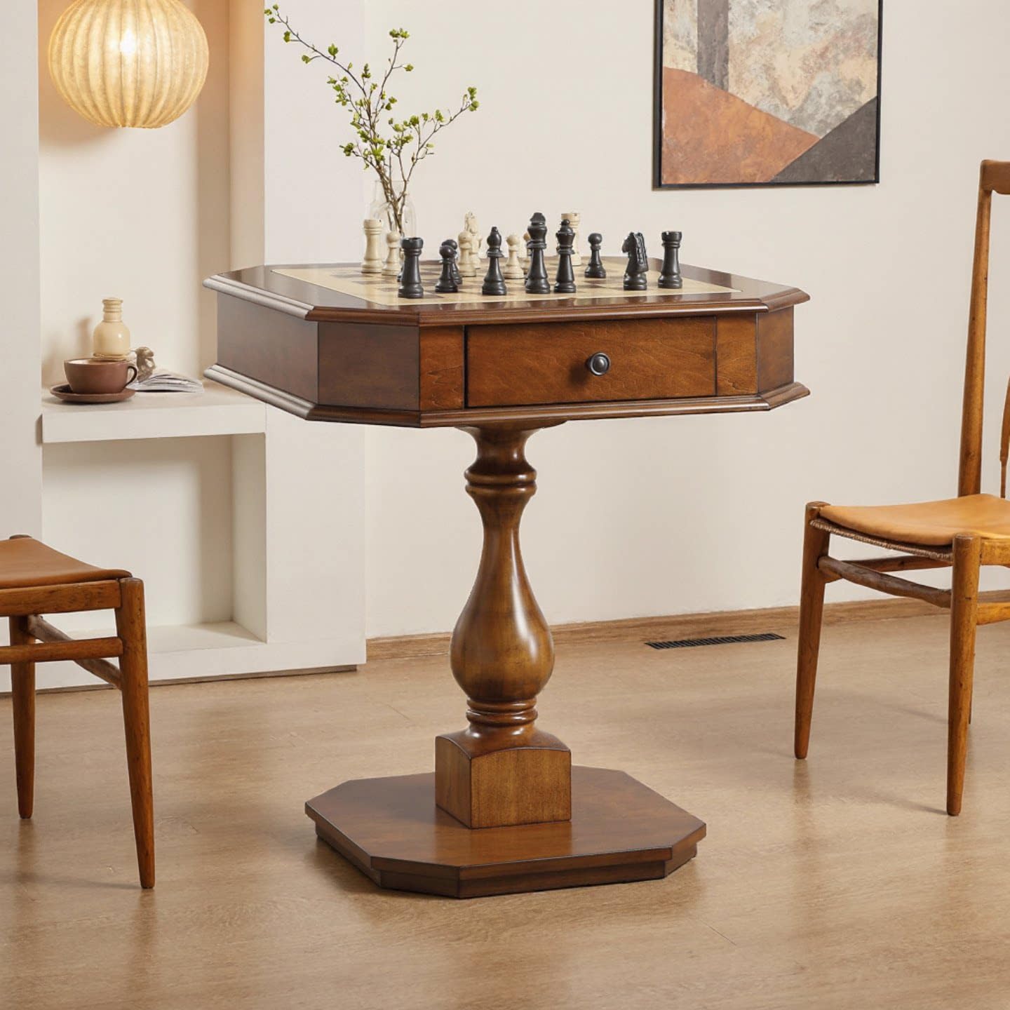 ComeWay Chess Table, Reversible Chess Checker Game Table with 2 Drawers for Family Entertainment Room, 3-in-1 Square Game Tray for Chess Checker Backgammon, Cherry Finish