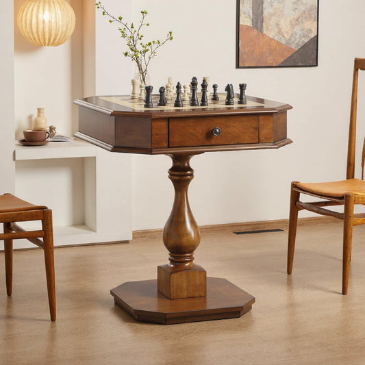 ComeWay Chess Table, Reversible Chess Checker Game Table with 2 Drawers for Family Entertainment Room, 3-in-1 Square Game Tray for Chess Checker Backgammon, Cherry Finish