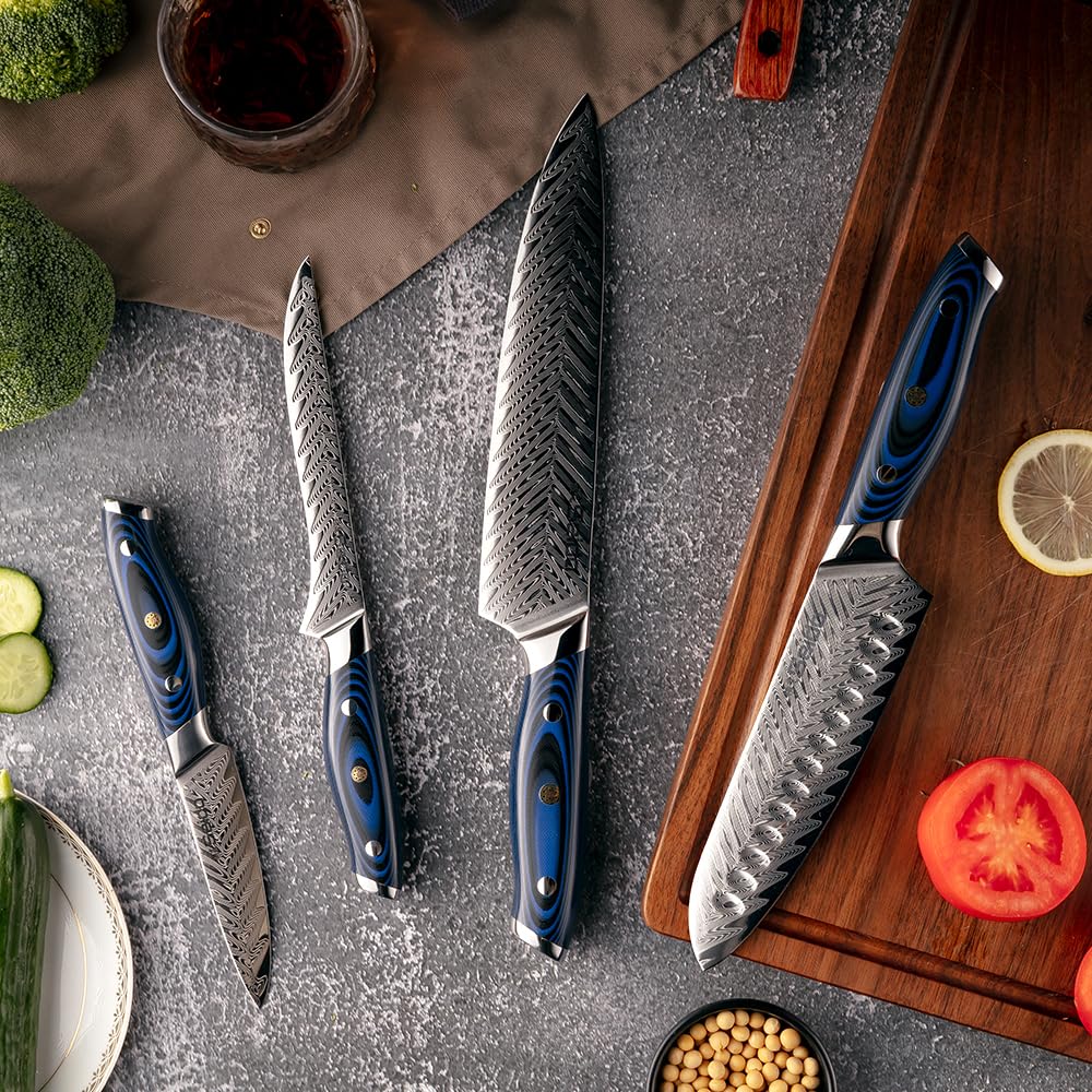 Seido Knives 4-Piece Kanpeki VG10 Damascus Steel Knife Set - Professional Chef Knife Set with Blue Handle - Includes Chef Knife