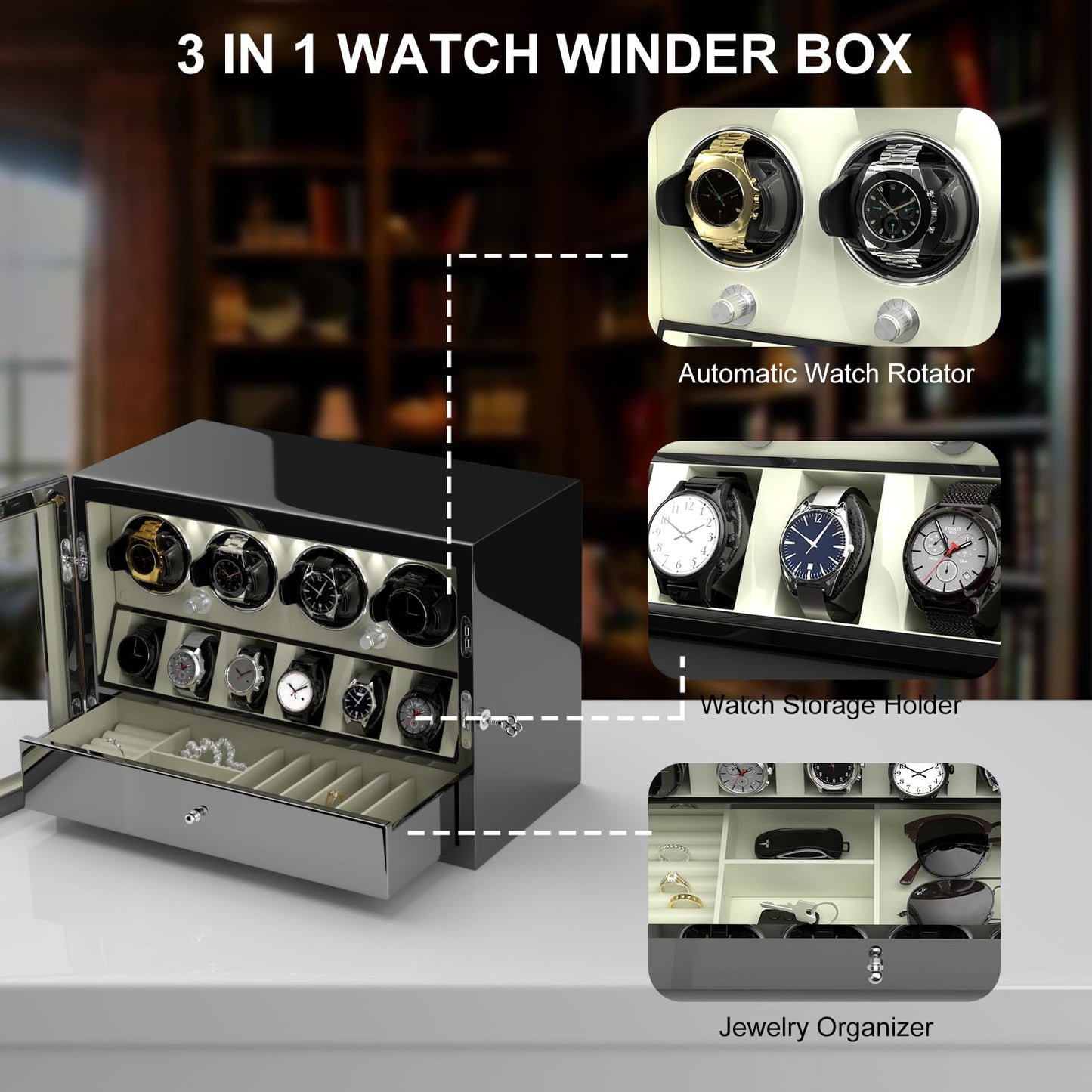 DUKWIN Watch Winder for 4 Automatic Watches, White Lockable Watch Winders with Extra Watch Storage, Jewelry Storage, 4 Rotation Modes, LED Light, Super Quiet Mabuchi Motor and Spring Watch Pillows