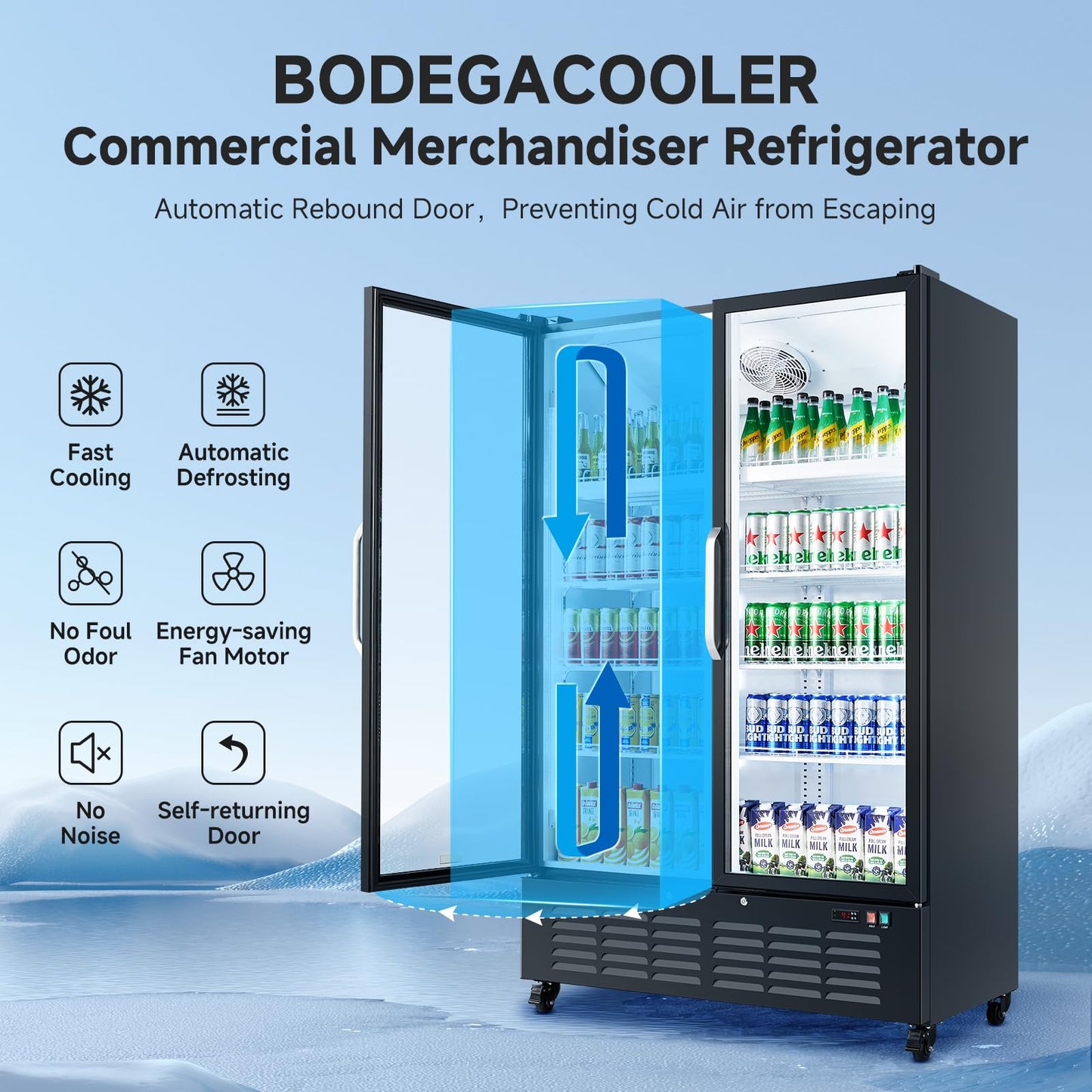 BODEGACOOLER Commercial Merchandiser Refrigerator, 36.8 Cu.Ft Double Glass Door Beverage Cooler, Upright Display Refrigerator with Soft LED Light, Adjustable Shelves, 4 Heavy-Duty Casters, Black