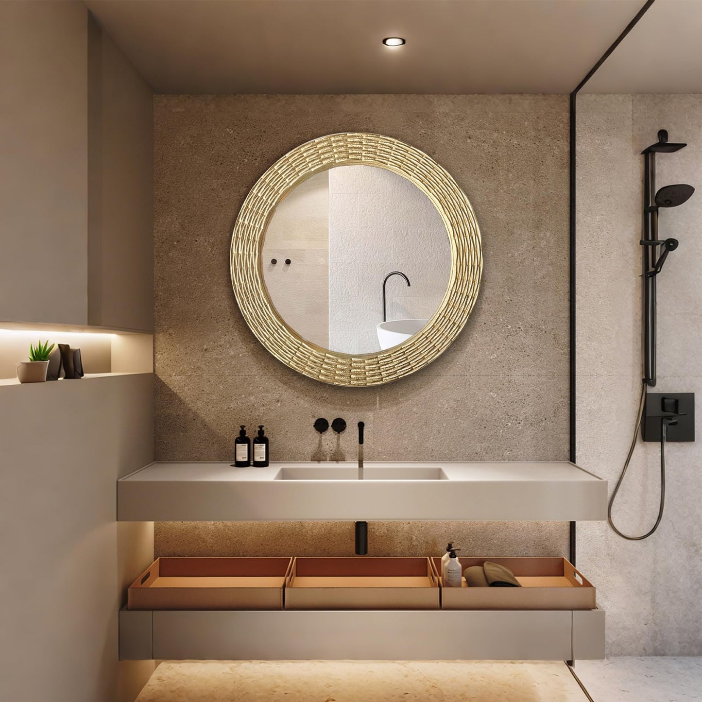 WAMIRRO Gold Round Wood Mirror, 36 Inch Hand Carved Solid Wood Frame Circle Mirror for Wall Mount, Farmhouse Boho Decor for Living Room, Bathroom, Bedroom, Hallway & Entryway