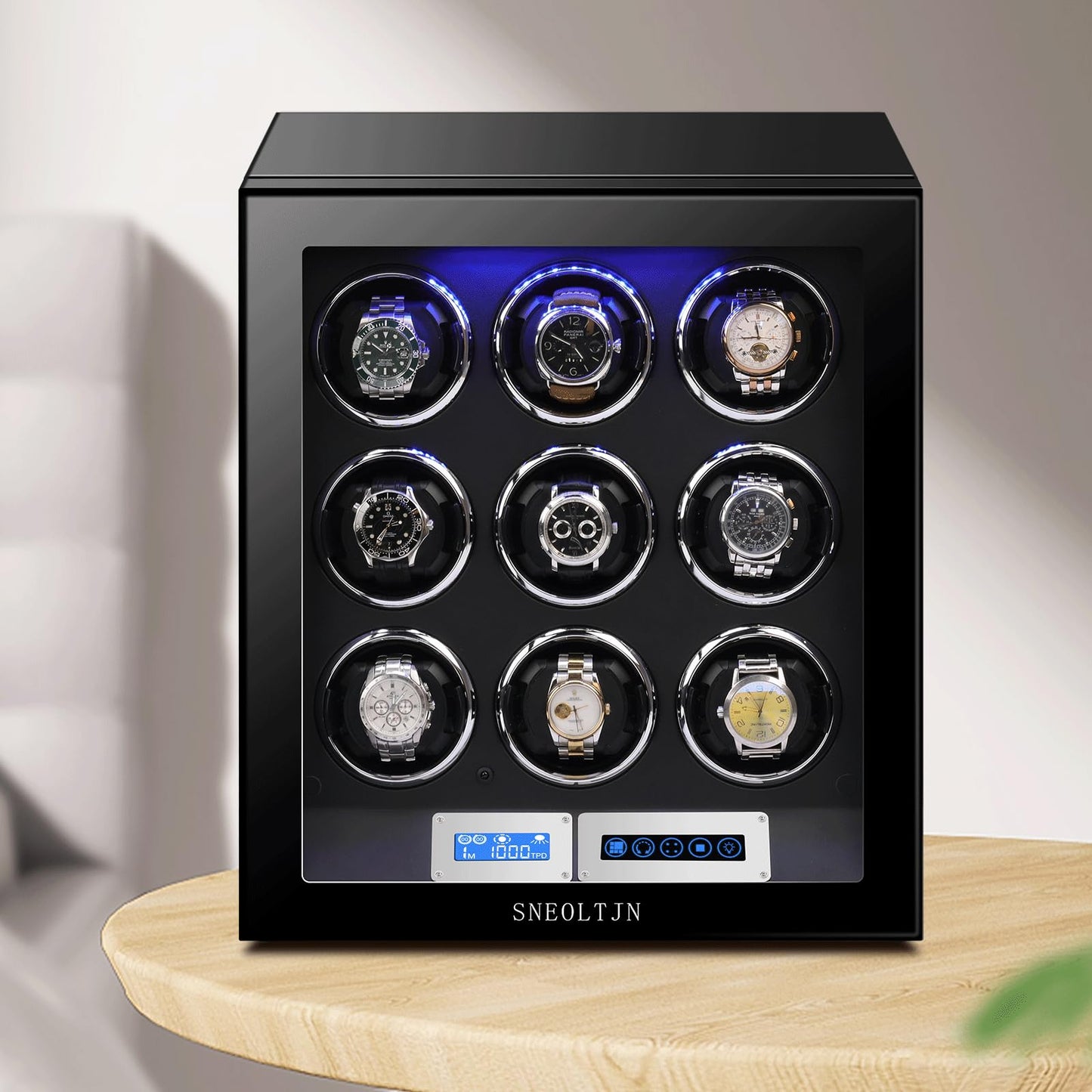 SNEOLTJN Watch Winder for 9 Slots Automatic Watches,Ultra-Quiet Japanese Motors, Built-in LED Illumination and LCD Touchscreen Control