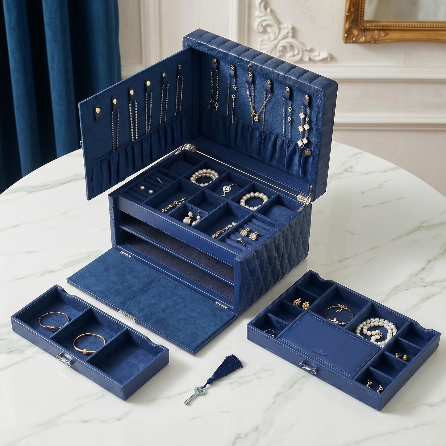 Homruilink Genuine Leather Jewelry Box – 3 Layer Large Jewelry Organizer with Mirror, Lockable Jewelry Box for Women – Necklace, Ring, Earring Organizer with Drawer - Mothers Day Gifts for Mom(Blue)