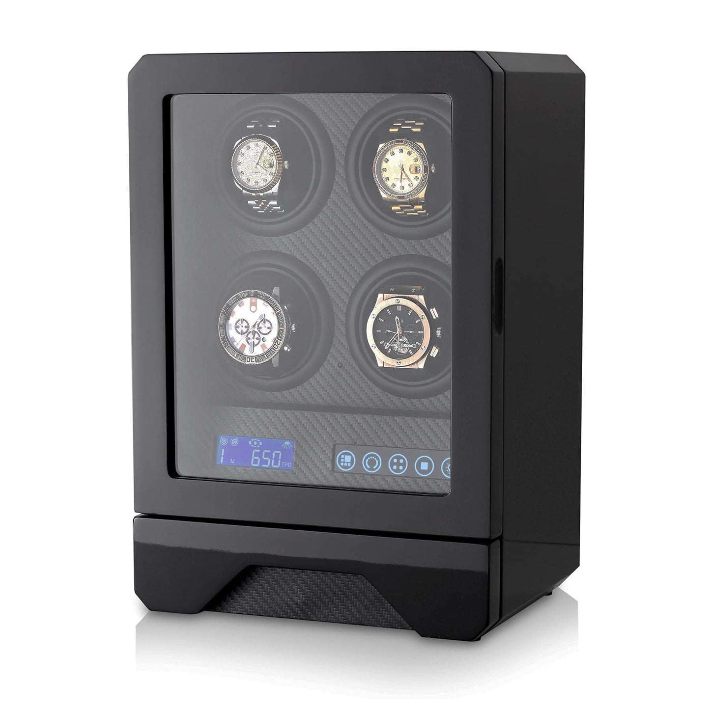 Automatic Watch Winder for 4 Watches with LED Light, LCD Display, Remote Control and Storage Drawer (Black)