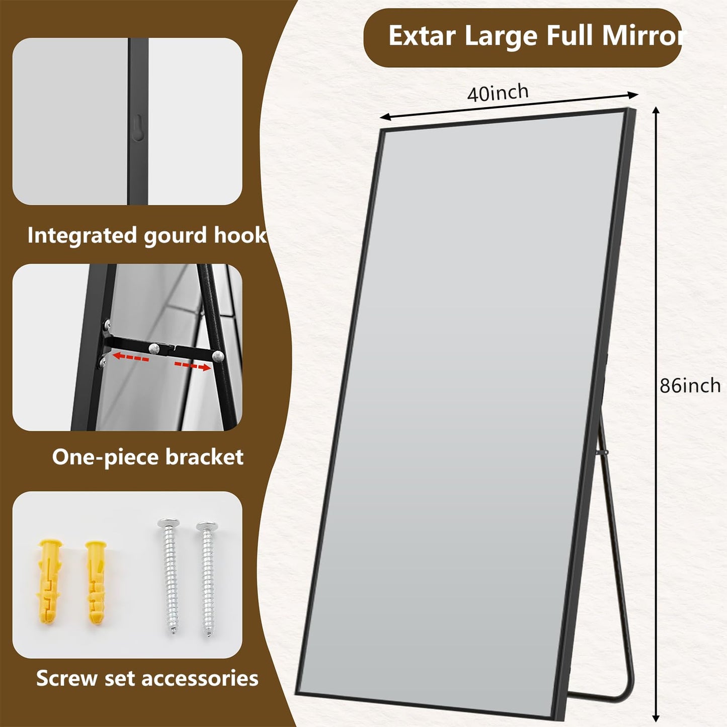 Koonmi 86"x40" Floor Mirror Full Length, Bedroom Floor Body Mirror with Stand, Large Black Mirror, Leaning, Standing or Hanging Horizontally/Vertically