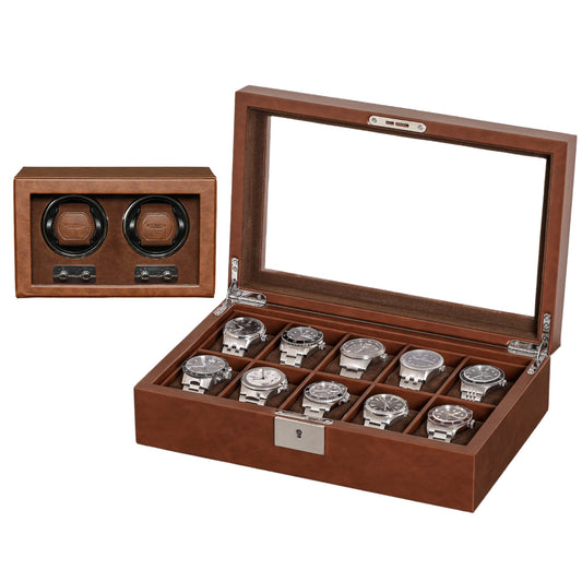 ROTHWELL Gift Set 10 Slot Leather Watch Box & Matching Double Watch Winder - Luxury Case Display Organizer, Locking Men's Jewelry Watches Holder, Men's Storage Boxes Glass Top Tan/Brown
