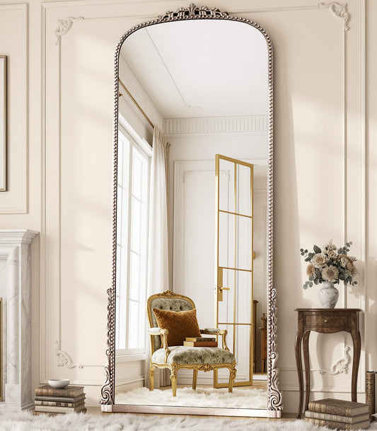 FlyEcho Antique Full Length Mirror 71" x 32", Antique Silver Arched Large Vintage Mirror in Baroque Style with Tempered Glass, Freestanding for Bedroom, Living Room, Cloakroom