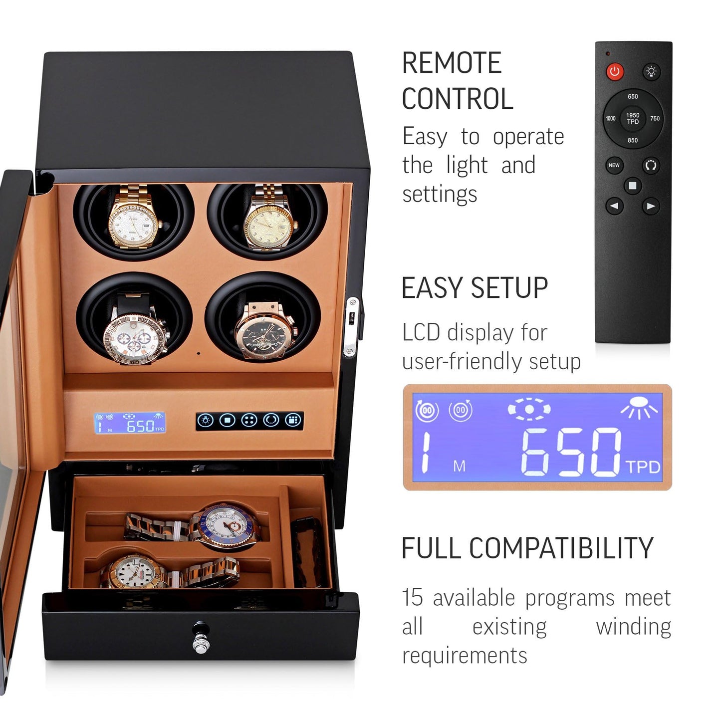 Automatic Watch Winder with LED Light, Storage Drawer and LCD Touchscreen Control (Black + Brown)