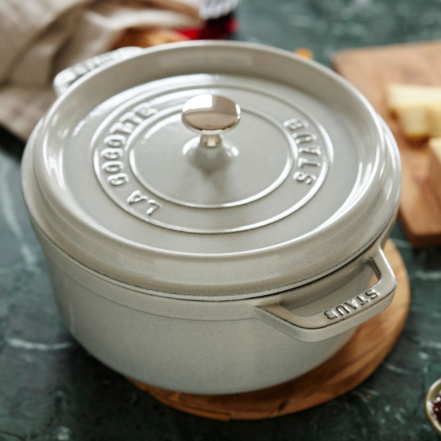 Staub Cast Iron 7-qt Round Cocotte - White Truffle