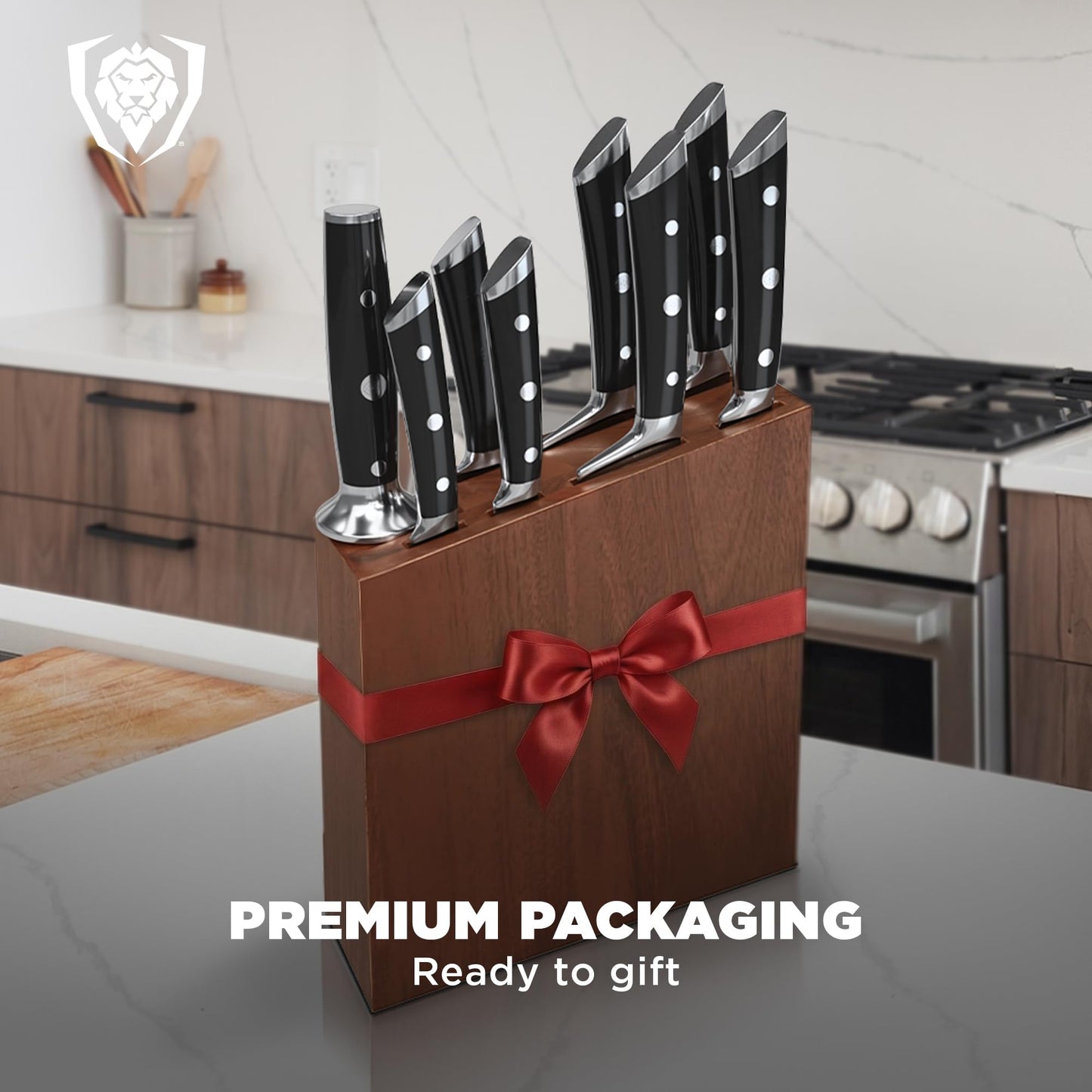 Dalstrong 8-Piece Knife Block Set — German High-Carbon Steel, Full-Tang, Hand-Polished 14–16° Edge — Gladiator Series For First Real Kitchens, New Homeowners & Apartment Cooks — Acacia Block, NSF
